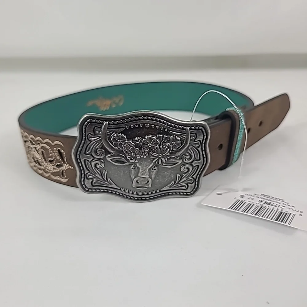 NEW Catchfly Baby Western Tooled Floral Embroidered Leather Belt Size S (24